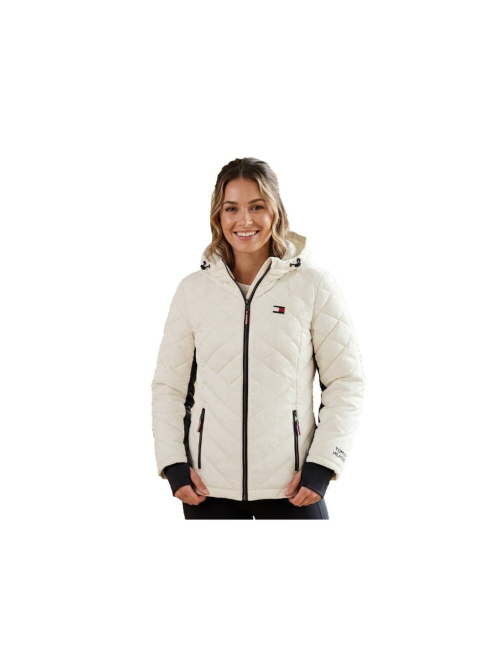 Tommy Hilfiger Womens Puffer Jacket Sz M White Quilted Hooded Full Zip Winter